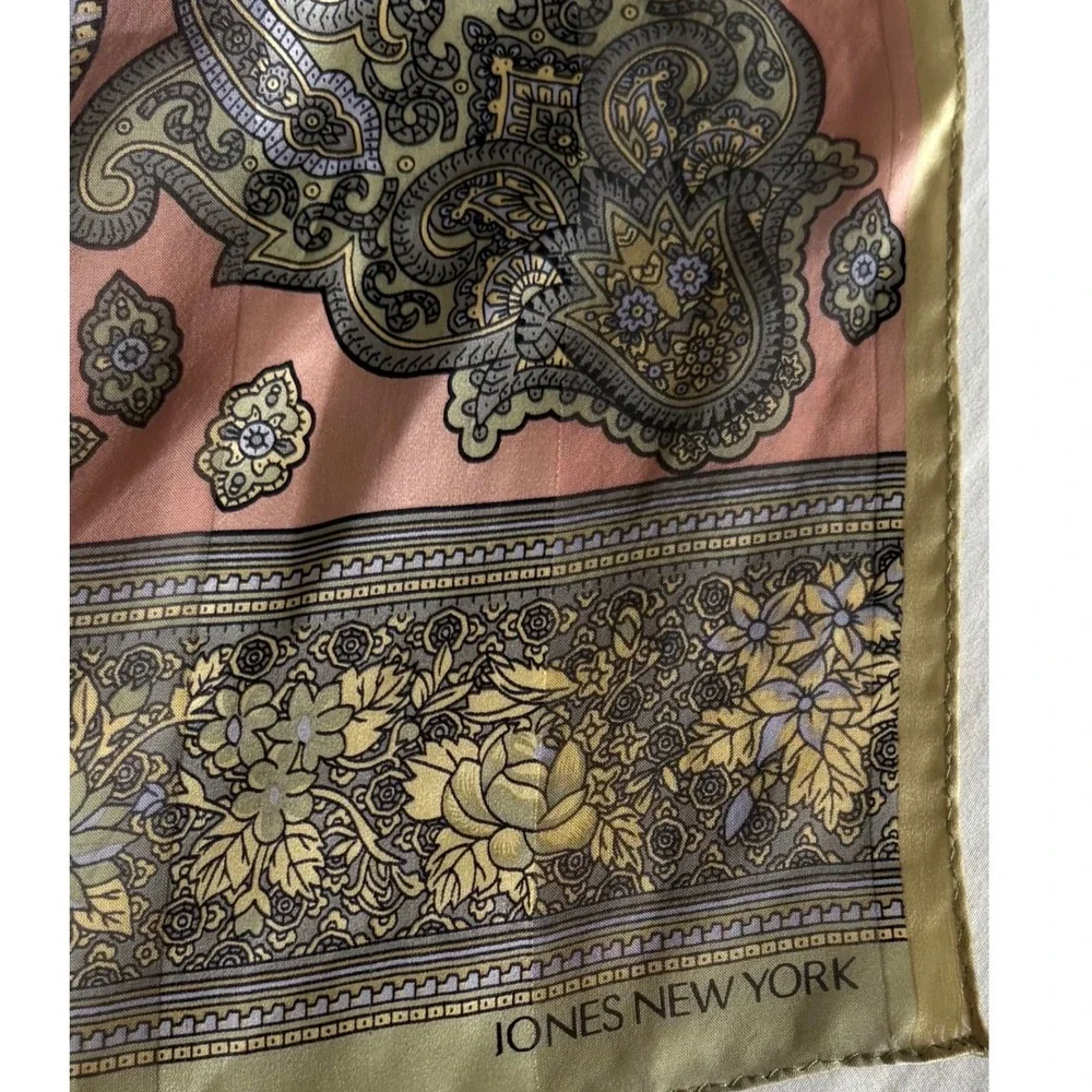 Jones New York 100% Silk Scarf Pink Olive Green Paisley Floral Boho Old Money